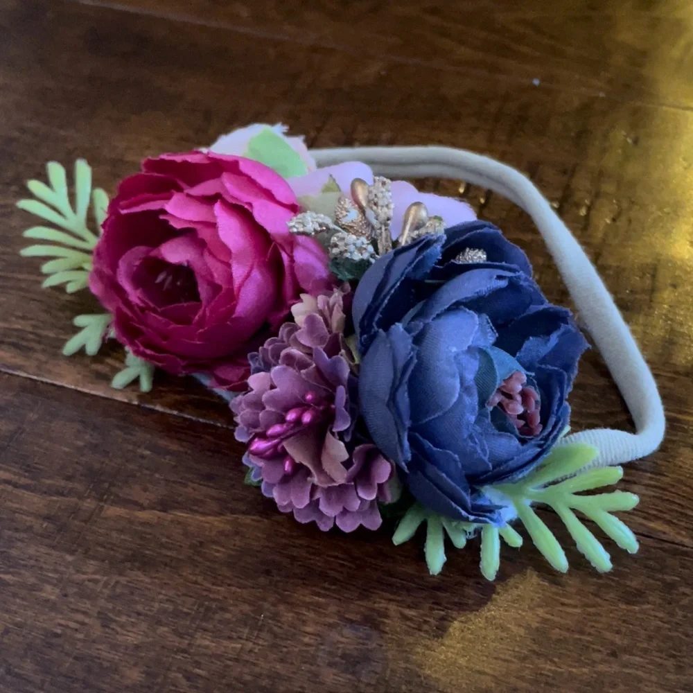 Floral headband w/ flowers magenta pink gold blue purple lavender green lilac